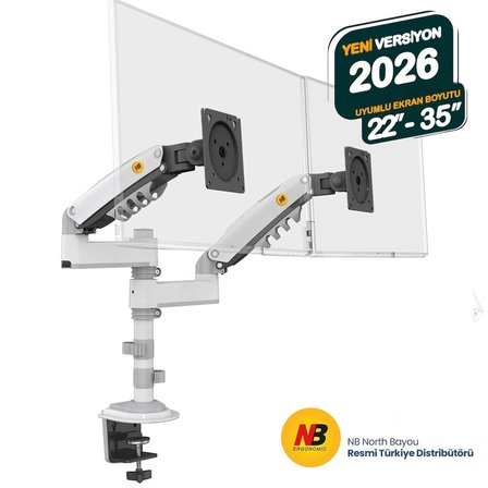 Nb North Bayou H180 22-32 " Çift Kol Amortisörlü 2-12 kg Vesa Monitör Standı Beyaz