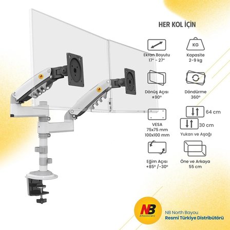 Nb North Bayou H180 22-32 " Çift Kol Amortisörlü 2-12 kg Vesa Monitör Standı Beyaz