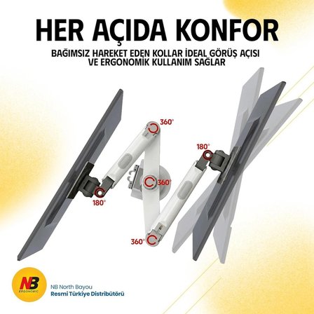 Nb North Bayou H180 22-32 " Çift Kol Amortisörlü 2-12 kg Vesa Monitör Standı Beyaz