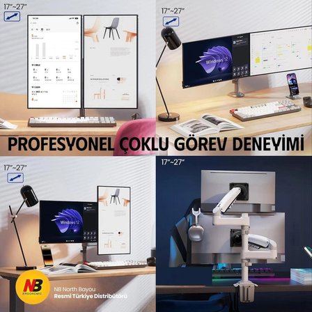 Nb North Bayou H180 22-32 " Çift Kol Amortisörlü 2-12 kg Vesa Monitör Standı Beyaz