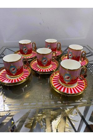 Yaldızlı Porselen 6 Kişilik Kuşlu Fincan Takımı Pembe