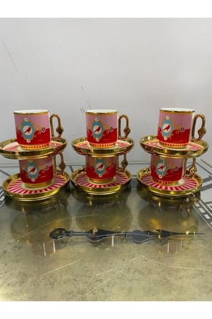 Yaldızlı Porselen 6 Kişilik Kuşlu Fincan Takımı Pembe