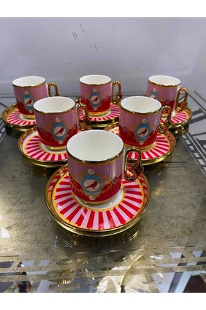 Yaldızlı Porselen 6 Kişilik Kuşlu Fincan Takımı Pembe