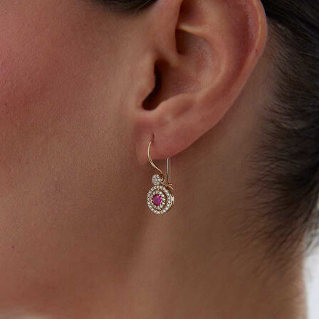 Pembe Tektaşlı Sallantılı Küpe