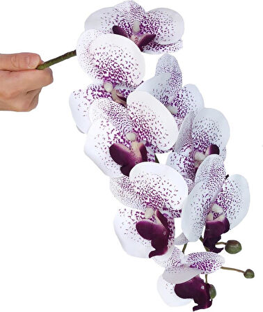 4lü Set Yapay Çiçek Beyaz Mor Çilli Islak Orkide ve 2 Adet Orkide Yaprağı Gerçeksi Doku Uzun Dal 90cm
