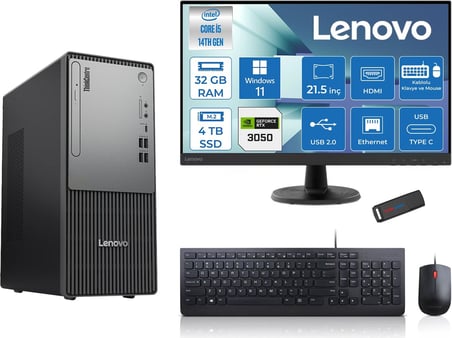 Lenovo Thinkcentre Neo 50T Gen5 Intel Core I5 14400 32GB Ddr5 4tb SSD 21.5 Inç Monitör Windows 11 Home Nvidia RTX3050 6gb Masaüstü Bilgisayar 30502112UAS1CF00H15 + Zetta Flash Bellek