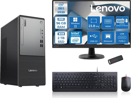 Lenovo Thinkcentre Neo 50T Gen5 Intel Core I5 14400 96GB Ddr5 2tb SSD 23.8 Inç Monitör Windows 11 Home Intel UHD 730 Masaüstü Bilgisayar 2412UAS1CF00H29 + Zetta Flash Bellek