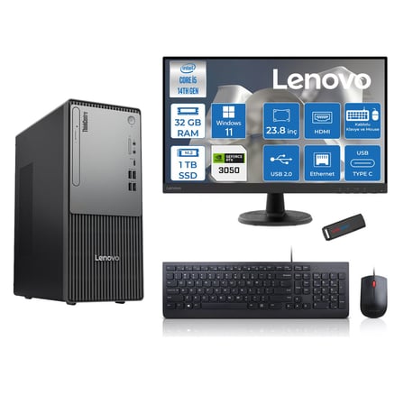 Lenovo Thinkcentre Neo 50T Gen5 Intel Core I5 14400 32GB Ddr5 1tb SSD 23.8 Inç Monitör Windows 11 Home Nvidia RTX3050 6gb Masaüstü Bilgisayar 30502412UAS1CF00H13 + Zetta Flash Bellek