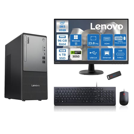 Lenovo Thinkcentre Neo 50T Gen5 Intel Core I5 14400 96GB Ddr5 4tb SSD 23.8 Inç Monitör Windows 11 Home Nvidia RTX3050 6gb Masaüstü Bilgisayar 30502412UAS1CF00H30 + Zetta Flash Bellek
