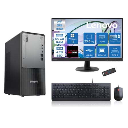Lenovo Thinkcentre Neo 50T Gen5 Intel Core I5 14400 64GB Ddr5 4tb SSD 23.8 Inç Monitör Windows 11 Home Radeon RX550 4gb Masaüstü Bilgisayar 5502412UAS1CF00H25 + Zetta Flash Bellek