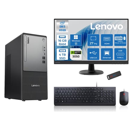 Lenovo Thinkcentre Neo 50T Gen5 Intel Core I5 14400 16GB Ddr5 4tb SSD 27 Inç Monitör Windows 11 Home Nvidia RTX3050 6gb Masaüstü Bilgisayar 30502712UAS1CF00H05 + Zetta Flash Bellek