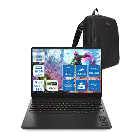 Hp Omen 16-AM0031NT Intel Core I9 14900HX 16GB Ddr5 512GB SSD RTX5070 8gb Gddr7 Freedos 16 Inç Wuxga (1920X1200) 144Hz 300NITS IPS Taşınabilir Bilgisayar C39J4EAF01 + Zetta Çanta