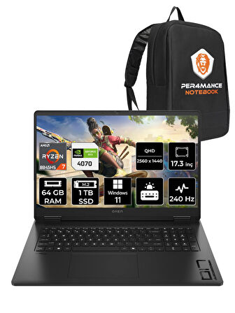 HP OMEN 17 R7 8845HS 64GB RAM 1TB SSD RTX4070/8GB 240Hz 17.3'' QHD W11P Gaming Laptop & PER4 ÇANTA