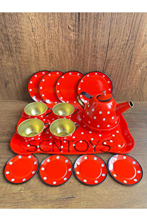Kutulu 15 Parça Çay Seti Fincan Takımı Metal Evcilik Oyunu Kırmızı Puantiyeli Oyuncak Çay Seti