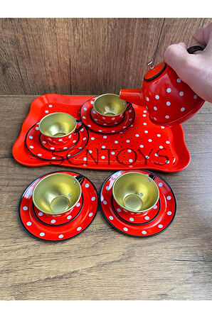 Kutulu 15 Parça Çay Seti Fincan Takımı Metal Evcilik Oyunu Kırmızı Puantiyeli Oyuncak Çay Seti