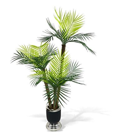 Yapay Ağaç Areka Palmiye Metal SiyahGümüş Lüks Vazoda 3Katlı 18Yaprak 110cm Salon Çiçeği Yapay Çiçek