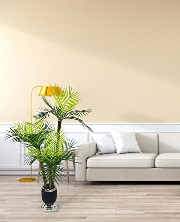Yapay Ağaç Areka Palmiye Metal SiyahGümüş Lüks Vazoda 3Katlı 18Yaprak 110cm Salon Çiçeği Yapay Çiçek