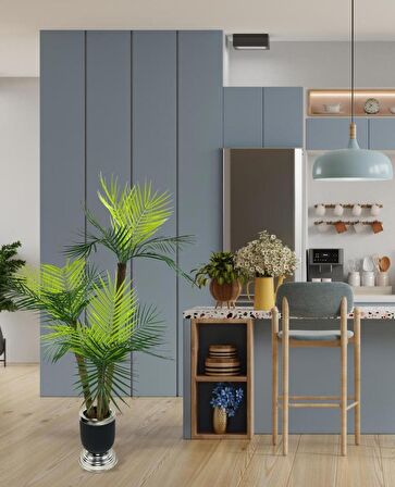 Yapay Ağaç Areka Palmiye Metal SiyahGümüş Lüks Vazoda 3Katlı 18Yaprak 110cm Salon Çiçeği Yapay Çiçek