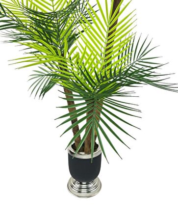 Yapay Ağaç Areka Palmiye Metal SiyahGümüş Lüks Vazoda 3Katlı 18Yaprak 110cm Salon Çiçeği Yapay Çiçek