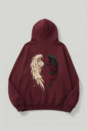 Unisex Yumuşak Dokulu Güllü Kanat Baskılı Tasarım Oversize 3 İplik Hoodie Sweatshirt