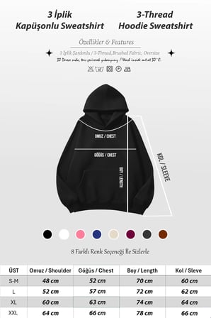 Unisex Yumuşak Dokulu Güllü Kanat Baskılı Tasarım Oversize 3 İplik Hoodie Sweatshirt