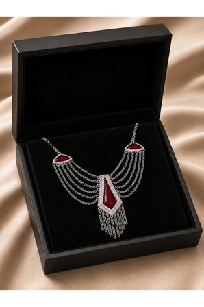 ALLONA Taş Detaylı Zincir Tasarım Kolye - Modern Kadın Kolyesi & Premium Kutu - Renk: Bordo / Beden: 1