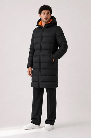 Erkek Uzun Puffer Mont - Parka, Rüzgar ve Su Geçirmez,Turuncu Astarlı, Kapüşonlu, Kışlık Mont