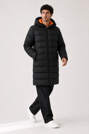 Erkek Uzun Puffer Mont - Parka, Rüzgar ve Su Geçirmez,Turuncu Astarlı, Kapüşonlu, Kışlık Mont