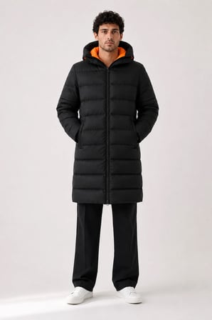 Erkek Uzun Puffer Mont - Parka, Rüzgar ve Su Geçirmez,Turuncu Astarlı, Kapüşonlu, Kışlık Mont