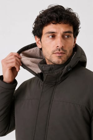 Erkek Haki, Peluş Astarlı Çıkarılabilir Kapüşonlu, Rüzgar ve Su Geçirmez, Kışlık Mont-Kaban-Parka