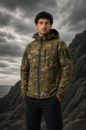Erkek Outdoor Softshell Kamuflaj Mont – Çıkarılabilir Kapüşonlu, Polar Astarlı, Çok Cepli, Patch Cırt Detaylı