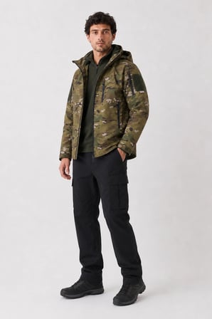 Erkek Outdoor Softshell Kamuflaj Mont – Çıkarılabilir Kapüşonlu, Polar Astarlı, Çok Cepli, Patch Cırt Detaylı