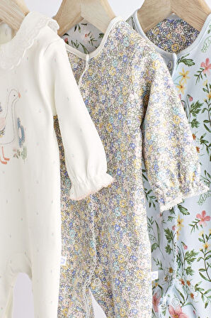 Next Baby % 100 Pamuklu Beyaz Ördek Desenli 3’lü Tulum Set