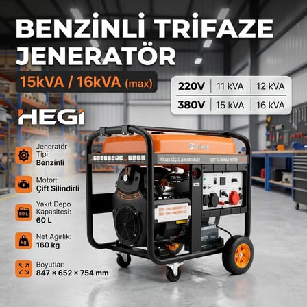 HEGI BENZİNLİ TRİFAZE JENERATÖR 15kVA/16Kva (max)