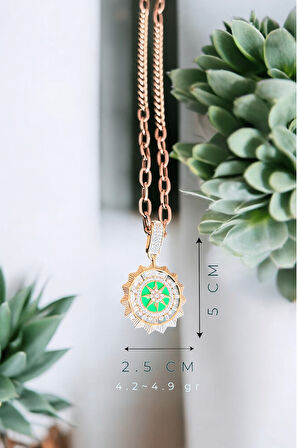 Yeşil Mineli Güneş Gold Klipsli Kolye Ucu & Ajda Bilezik Charm | 925 Ayar Gümüş