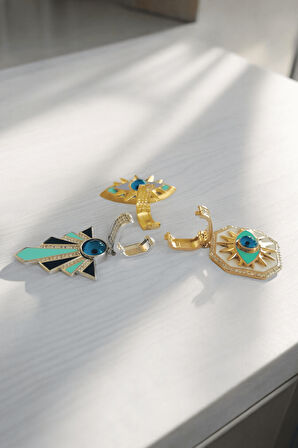 Yeşil Mineli Güneş Gold Klipsli Kolye Ucu & Ajda Bilezik Charm | 925 Ayar Gümüş