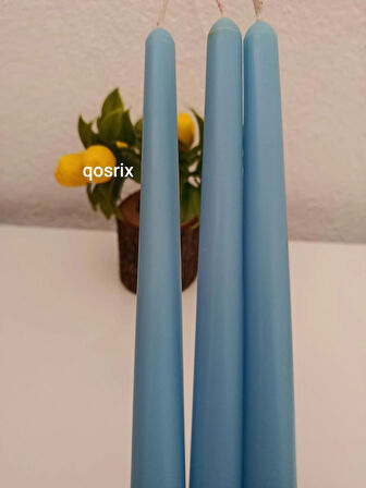 qosrix 3'lü Açık Mavi Şamdan Soya Mumu 1. Kalite Soya Doğal Pudra Kokulu Uzun Çubuk Konik Mum Dekoratif