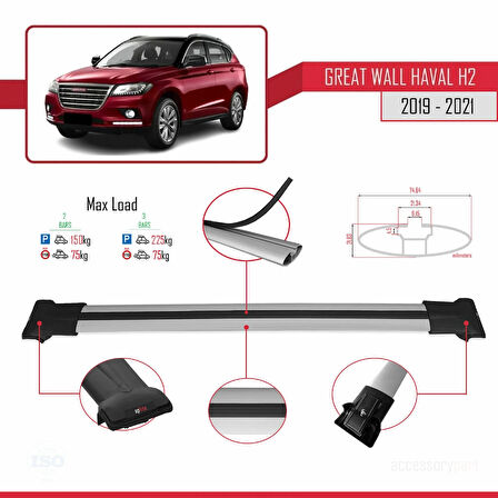 Great Wall Haval H2 2019-2021 Arası ile Uyumlu FLY Model Ara Atkı Tavan Barı Gri 2 Adet