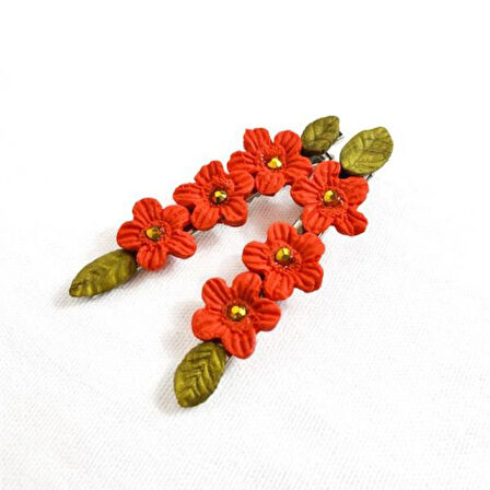 Uretti - Hülya 6683  El Yapımı Taşlı Çiçek Desenli Polimer Kil 2’li Set Yan Saç Tokası / 7.5 cm