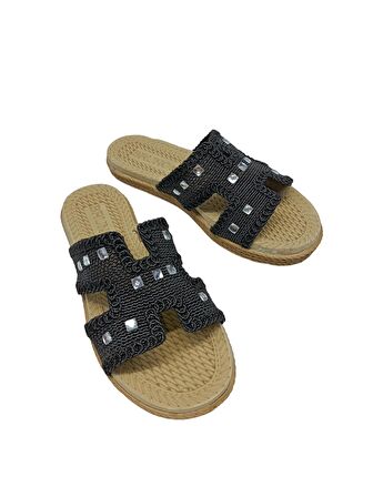 SİA ÇANTA  Hasır Örme Kemerli Boncuk Taşlı Yumuşak Sıkı Mantar Taban Kadın Terliği , Rahat Sandelet Tarzı Kaydırmaz Taban Kadın Terlik