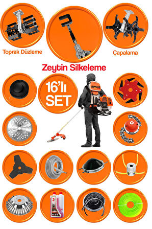 Lüx 16 Parça Turbo Benzinli Sırt Tırpan Ot Çim Çalı Biçme Makinası + Zeytin Silkeleme Aparatlı Set