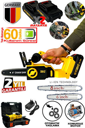 Şarjlı Dal Budama Kesme Testeresi Çift Palalı x2 Akü 40VF Kömürsüz Motor Ağaç Kesme Testeresi