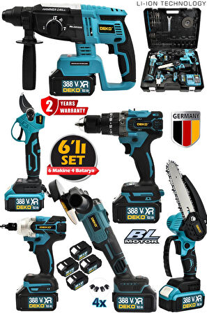 388VF Kömürsüz Brushless 6'lı Set 4 Akülü Somun Sökme-Taşlama-Darbeli Vidalama-Dal Budama & Makas