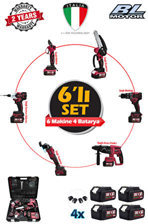 388VF 10AH 6'lı Set Kırıcı Delici Matkap Taşlama Somun Sökme Dal Budama Makas Akülü Profesyonel Set