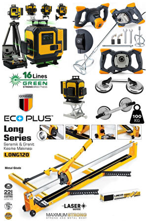 EcoPlus4 Seramik Usta Seti: 120mm Seramik Kesme - 2'li Vantuz - Boya Karıştırıcı - 16 Çizgi Lazer