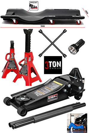 Oto Tamirci Garaj Bakım Seti 3Ton Düşük Profil Kriko + Tamirci Kızağı + 3Ton Sehpa Kriko + Bijon