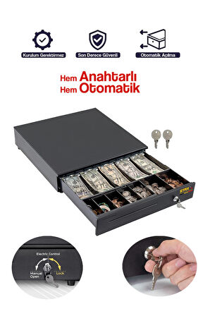 POS Uyumlu Çelik Para Çekmecesi – Büyük Boy 41×41 cm, 5 Banknot ve 5 Madeni Para Gözlü