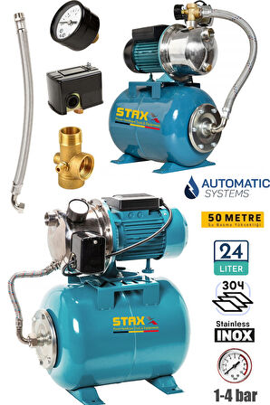 Jet 1.5 Hp 4 Kat 4 Daire 24 Litre Yatay Paslanmaz Gövde Tanklı Hidrofor Ev Tipi Otomatik Hidrofor