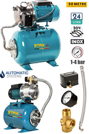 Yüksek Basınçlı Ev Tipi Paket Hidrofor Tank Seti 3-4 Bar Paslanmaz Gövdeli Jet 1.5 HP 24Lt Tank Küre