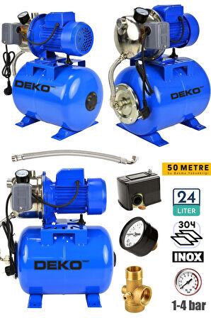 1.5 HP Paslanmaz Jet Pompalı Su Pompası + 24Lt Yatay Küre Tank Seti Otomatik Hidrofor Su Pompası